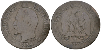 Франция 5 сантимов 1854 K, Наполеон III (1852-1870) KM 777.5 бронза 4582-1245