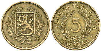 Финляндия 5 марок 1936 S, редкий год, тираж 470.000 KM 31 алюминиевая бронза 4589-1244