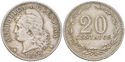 Аргентина 20 сентаво 1899 KM 36 медно-никель 4621-1058