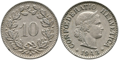 ШВЕЙЦАРИЯ 10 РАППЕНОВ 1943 В KM 27 медно-никель 4539-442