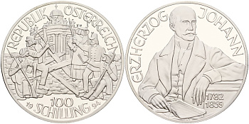 Австрия 100 шиллингов 1994 Эрцгерцог Иоганн, в коробке, с сертификатом подлинности KM 3020 серебро PROOF 3-4-4-07