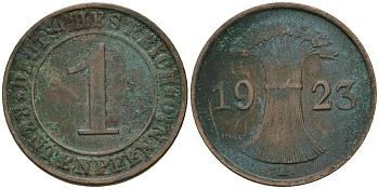 Германия 1 рентенпфенниг 1923 A KM 30, J. 306 бронза 4608-261