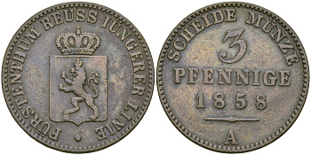 РЕЙС-ШЛАЙЦ 3 ПФЕННИГА 1858 А KM 70 медь 65-734