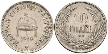 Венгрия 10 филлеров 1908 КВ, Франц Иосиф I (1848-1916) KM 482 никель 4585-163