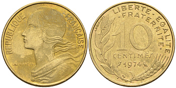 Франция 10 сантимов 1974 тип Марианна KM 929 медь алюминий никель 4594-1161