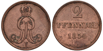 Брауншвейг-Каленберг-Ганновер 2 пфеннига 1854 B, Георг V (1851-1866) KM 217,aKS 152, J. 84 медь 4142-131