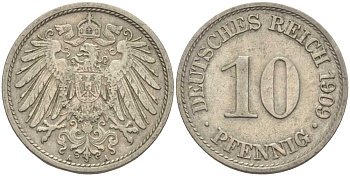 ГЕРМАНИЯ 10 ПФЕННИГОВ 1909 A KM 12, J. 13 медно-никель 31-624