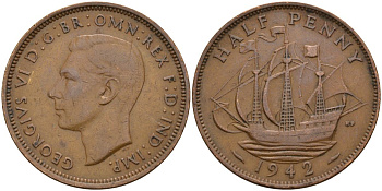 Великобритания 1/2 пенни 1942 Георг VI (1936-1952) KM 844, Spink 4115 бронза 4153-825