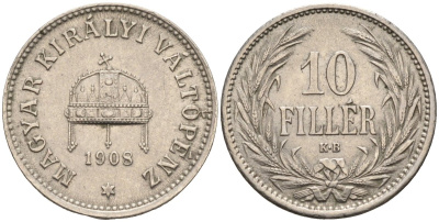Венгрия 10 филлеров 1908 КВ, Франц Иосиф I (1848-1916) KM 482 никель 4585-163