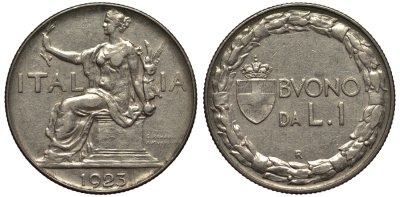 ИТАЛИЯ 1 ЛИРА 1923 R, ВИТОРИО ИМАНУИЛ III (1900-1946) KM 62 никель 55-143