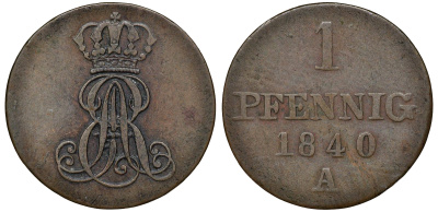 Ганновер 1 пфенниг 1840 A, Эрнст Август (1837-1851) KM 173.1, AKS 126, J. 54 медь 72-1039