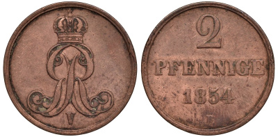 Брауншвейг-Каленберг-Ганновер 2 пфеннига 1854 B, Георг V (1851-1866) KM 217,aKS 152, J. 84 медь 4142-131