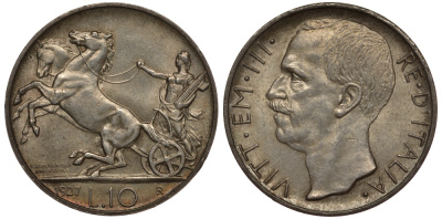 Италия 10 лир 1927 R, Рим KM 68.1 серебро UNC 00-000-00