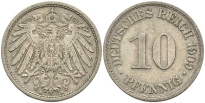 ГЕРМАНИЯ 10 ПФЕННИГОВ 1909 A KM 12, J. 13 медно-никель 31-624