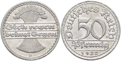 ГЕРМАНИЯ 50 ПФЕННИГОВ 1922 D KM 27, J. 301, Weege 10 алюминий 261-812
