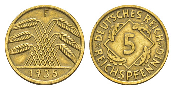 Германия 5 рейхспфеннигов 1935 F KM 39, J. 316 алюминиевая бронза 4636-755