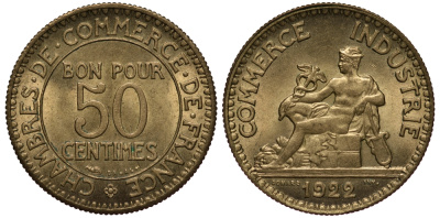 Франция 50 сантимов 1922 тип Chambre de Commerce KM 884, Le Franc 191.5 алюминиевая бронза 201-849
