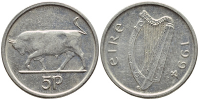 ИРЛАНДИЯ 5 ПЕНСОВ 1994 БЫК KM 28 медно-никель 4396-518