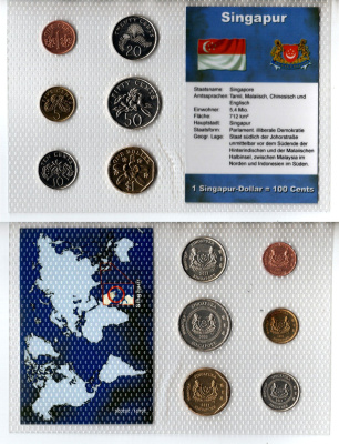Сингапур набор из 6 монет (1, 5, 10, 20 и 50 центов; 1 доллар) 2001, 2005, 2009 и 2011 в красочной упаковке с информацией о стране KM 98, 99, 100, 101, 102 и 103 UNC 3-4-1-41