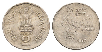 Индия 2 рупии 1997 KM 121.5 медно-никель aUNC 4699-355