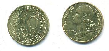 ФРАНЦИЯ 10 САНТИМОВ 1980 ТИП MARIANNE КМ 929, LE FRANC 144.20 алюминиевая бронза 84-1627