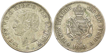 САКСОНИЯ 1/6 ТАЛЕРА 1863 В, ИОГАНН (1854-1973) KM 1205 серебро 413-1623