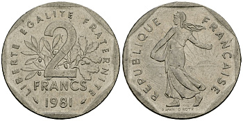 Франция 2 франка 1981 сеятель KM 942.1, Le Franc 272.3 никель 4120-1113