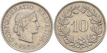 Швейцария 10 раппенов 1955 В KM 27 медно-никель 188-733