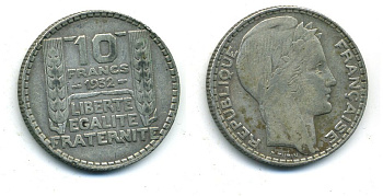 Франция 10 франков 1932 Пьер Тюрен KM 878, Le Franc 360.5 серебро 57-1326
