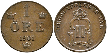Швеция 1 эре 1901 Оскар II (1872-1907) король Швеции и Норвегии KM 750 бронза 176-865