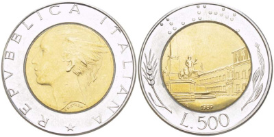 ИТАЛИЯ 500 ЛИР 1989 R KM 111 биметалл 4529-243