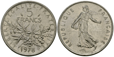 Франция 5 франков 1978 сеятель KM 926a.1, Le Franc 341.11 медно-никель плакированный никелем 4137-245