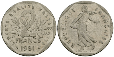 Франция 2 франка 1981 сеятель KM 942.1, Le Franc 272.3 никель 4120-1113