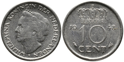 Нидерланды 10 центов 1948 Вильгельмина (1895-1948) KM 177 никель 3458-243