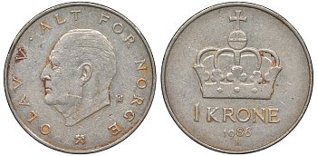 Норвегия 1 крона 1986 Олаф V KM 419 медно-никель 25-2222
