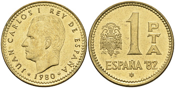 Испания 1 песета 1980 (81) чемпионат мира по футболу 1982 года в Испании, Хуан Карлос I (1975 - 2014) KM 816 алюминиевая бронза 4604-456