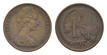 Австралия 1 цент 1969 Елизавета II (1952-2022), молодой портрет, опоссум KM 62 бронза 4655-1167