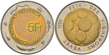 Швейцария 5 франков 1999 B, Винный фестиваль KM 86 биметалл  UNC  4593-1235