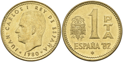Испания 1 песета 1980 (81) чемпионат мира по футболу 1982 года в Испании, Хуан Карлос I (1975 - 2014) KM 816 алюминиевая бронза 4604-456