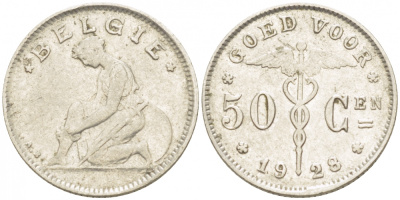 БЕЛЬГИЯ 50 САНТИМОВ 1928 BELGIE KM 88 никель 261-1164