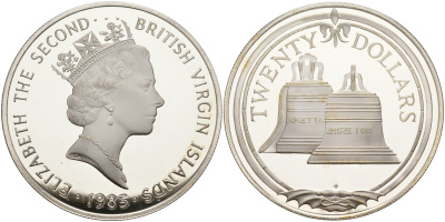 Британские Виргинские острова 20 долларов 1985 колокола KM 63.2 серебро  PROOF  1095-2-54