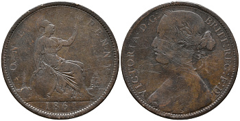 Великобритания 1 пенни 1861 Виктория (1837-1901) KM 749.2, Spink 3954 бронза 32-735
