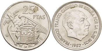 ИСПАНИЯ 25 ПЕСЕТ 1957 (69) ФРАНСИСКО ФРАНКО ДИКТАТОР ИСПАНИИ ( 1939- 1975) KM 787 медно-никель 216-714