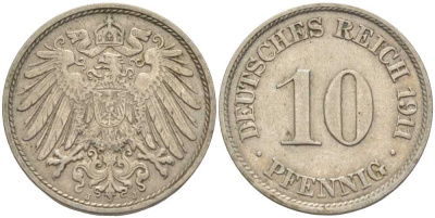 ГЕРМАНИЯ 10 ПФЕННИГОВ 1911 J KM 12, J. 13 медно-никель 31-1133