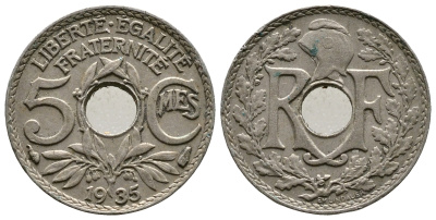 ФРАНЦИЯ 5 САНТИМОВ 1935 ТИП ЛИНДАЙЁ KM 875 медно-никель 4364-1221