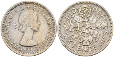 Великобритания 6 пенсов 1955 Елизавета II (1952-2022) KM 903, Spink 4149 медно-никель 4588-524
