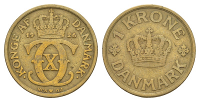 Дания 1 крона 1926 HCN, Кристиан X (1912-1947) KM 824 алюминиевая бронза 4657-337