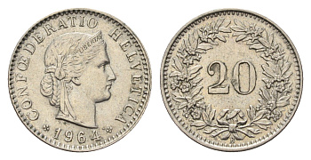 Швейцария 20 раппенов 1964 B KM 29a медно-никель 4685-1035