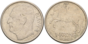 Норвегия 1 крона 1967 Улаф V (1958-1991) KM 409 медно-никель 4606-633