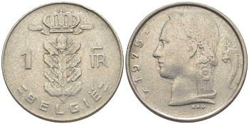 Бельгия 1 франк 1975 Belgie, Бодуэн I (1951-1993) KM 143.1 медно-никель 119-637